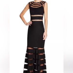 JS Collections Black Illusion Striped Evening Gown | Size 4 | Beaded Neckline